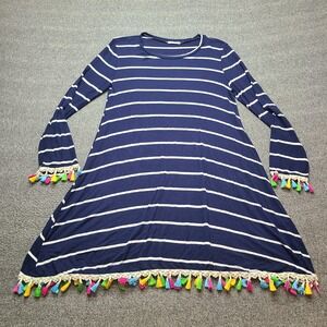 12PM by Mon Ami Striped Tunic Women S Navy White Excellent Tassel Trim Boho